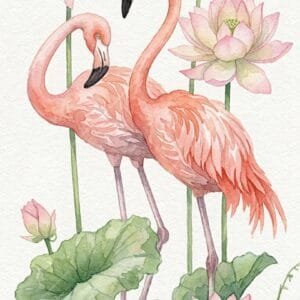 Pink Flamingo Lotus Watercolor Artwork