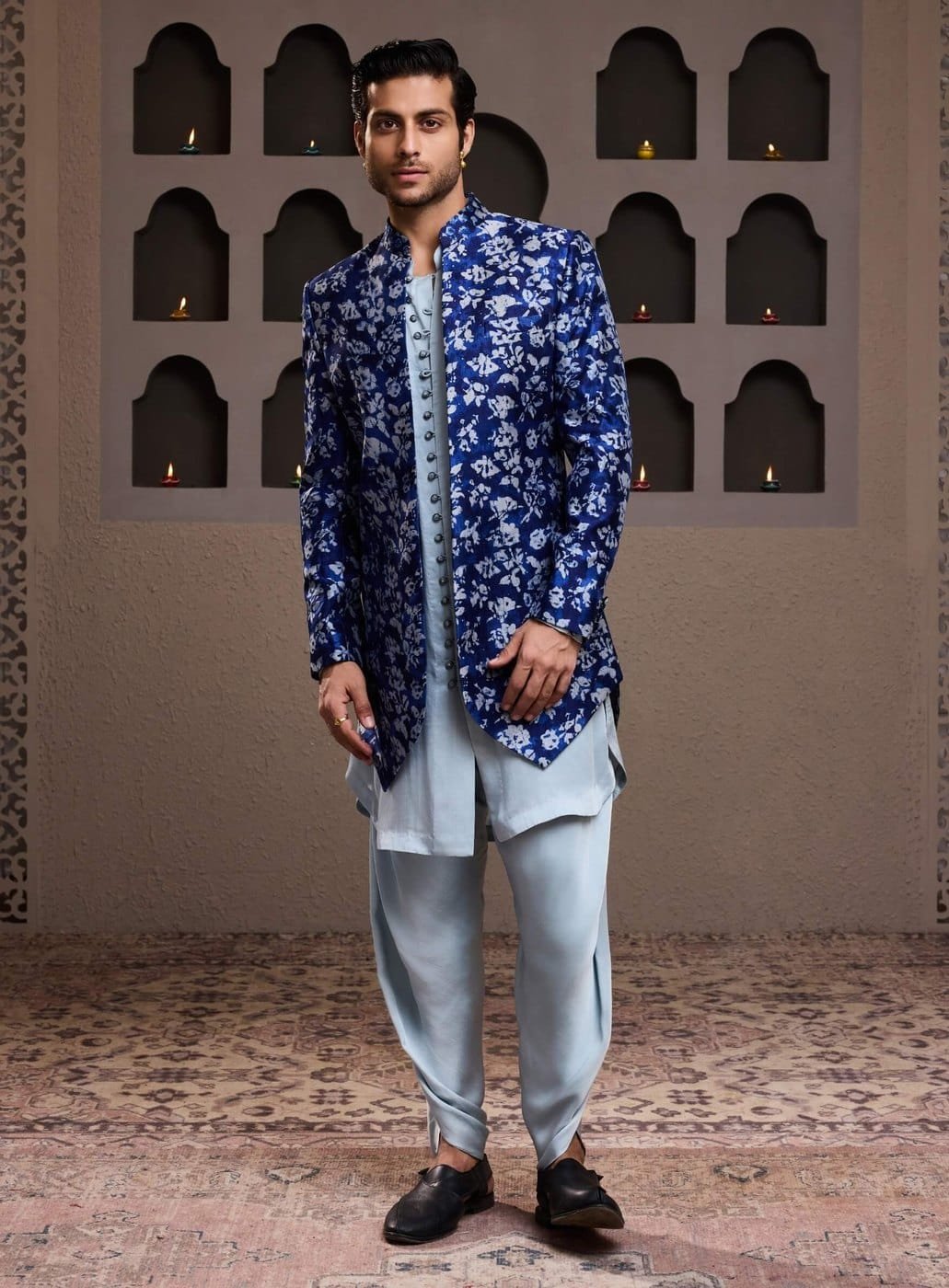 Indigo batik print on finished menswear