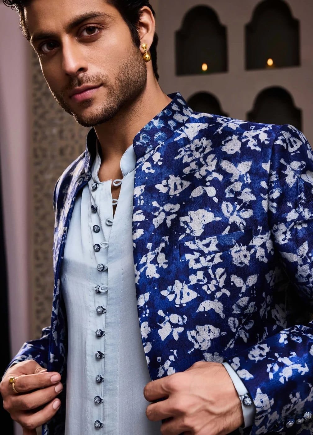 Indigo batik print on finished menswear