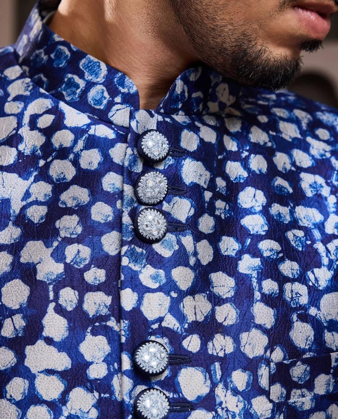 Indigo batik print on finished menswear