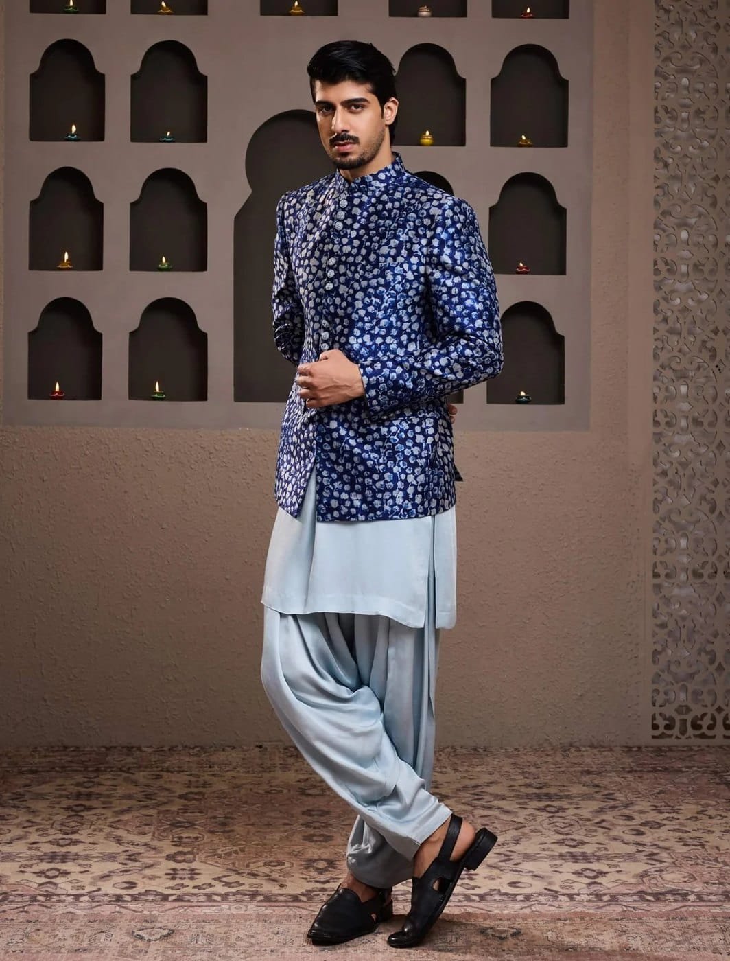 Indigo batik print on finished menswear
