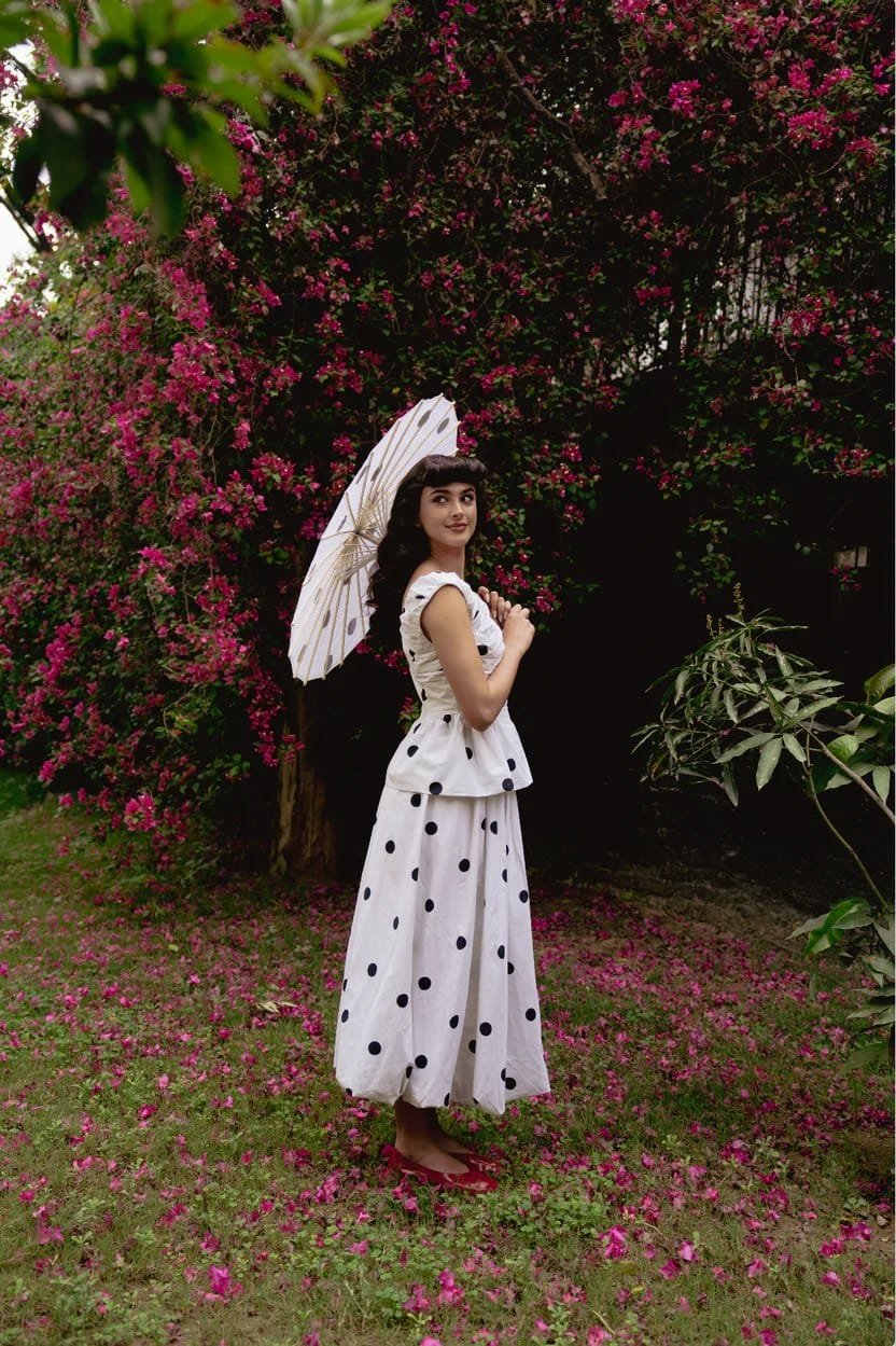 Classic polka dot print on a finished YDEE garment