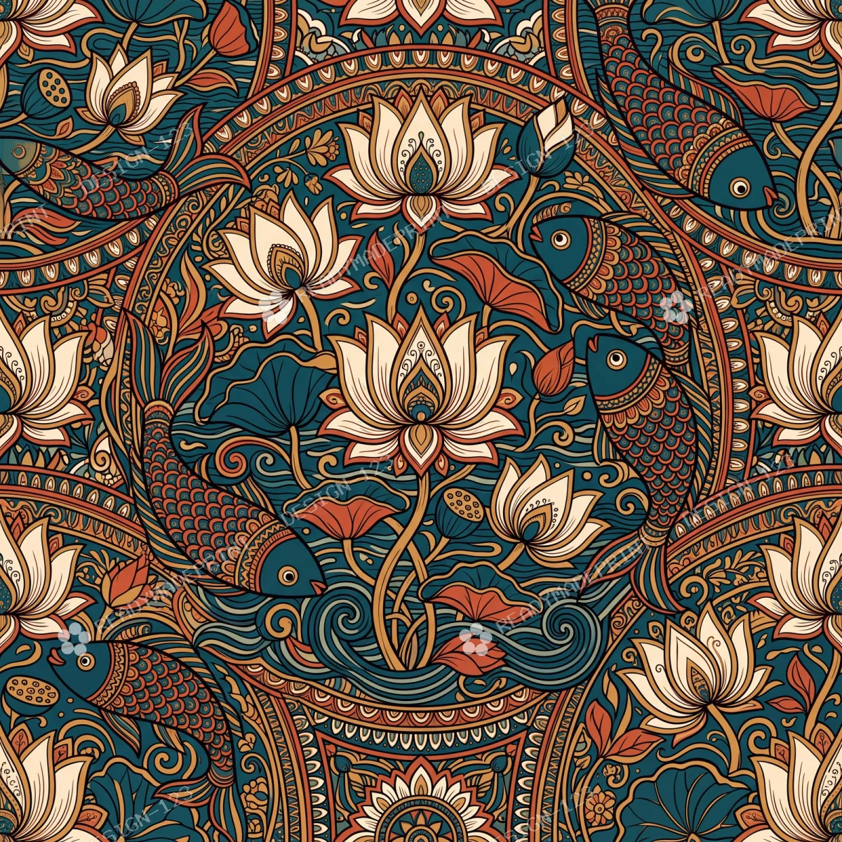 Deep Teal Madhubani Lotus Jaal Deep Teal Madhubani Lotus Jaal
