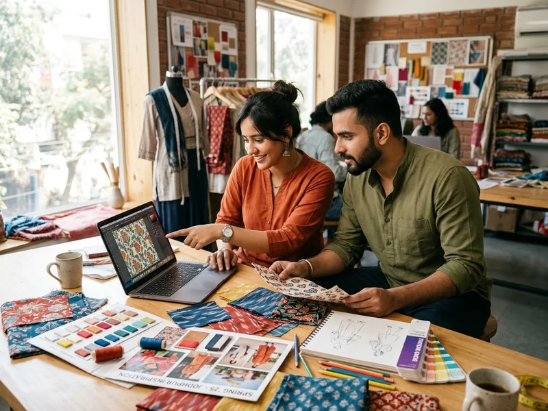 ReadyMadePrint Textile Designers Reviewing Fabric Swatches and Color Mood Boards