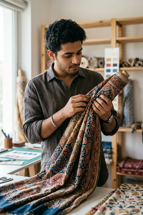 ReadyMadePrint Designer Inspecting Pure Cotton Printed Fabric Draping and Craftsmanship