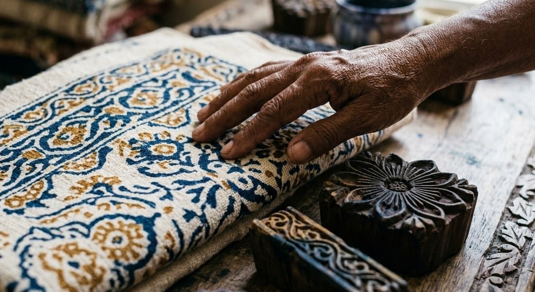 Hand on hand-block printed indigo cotton fabric with wooden printing blocks