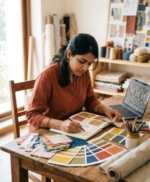 Textile designer working on a seamless print design at her desk