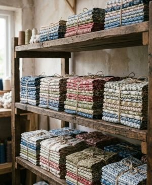 Finished printed fabric folded and stacked ready for dispatch